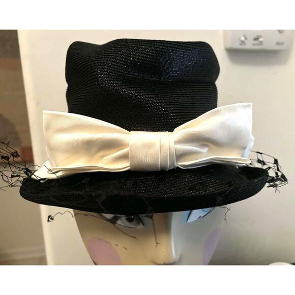 Vintage 1960s Cherry & Webb Black Straw Dress Hat Satin Cream Ribbon Netting